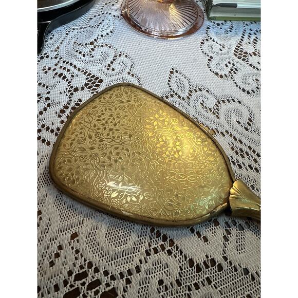 VTG 50’s Vanity Mirror Hand Mirror Gold Tone Handles Gold Floral Design Roses - Picture 2 of 6
